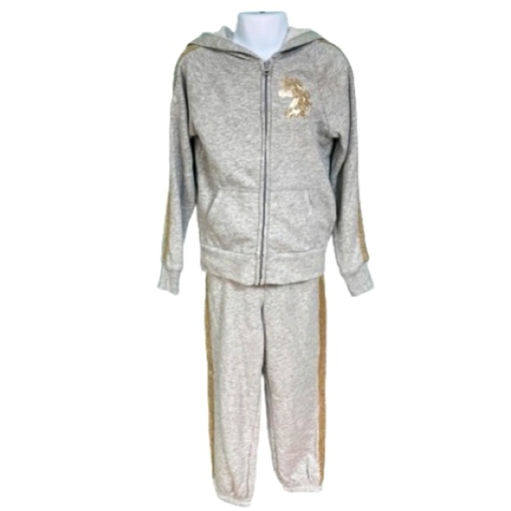 Childrens Place Gray & Gold Unicorn Sparkle Sweatshirt & Jogger Set Girls S 5/6
